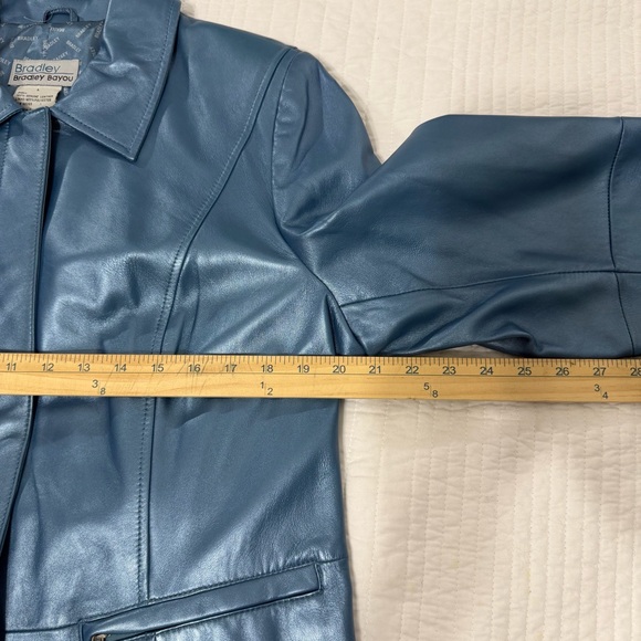 Y2K Metallic Blue Pearl Genuine Leather Blazer Jacket | Size L | Sex & the City - Picture 6 of 10